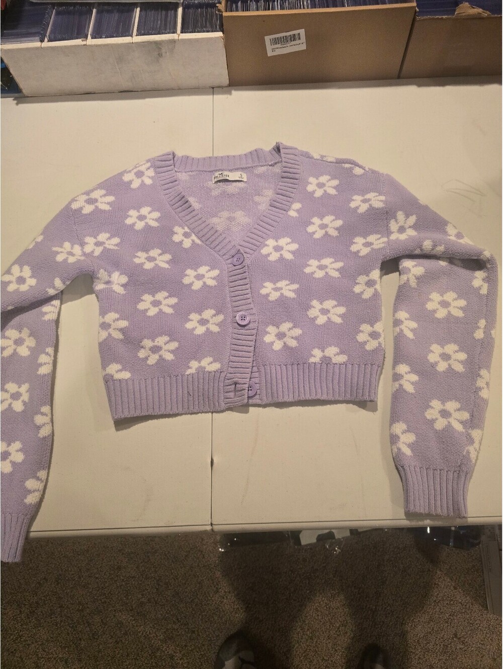 Hollister Lavender Floral Cropped Cardigan Sweater, Size Small
